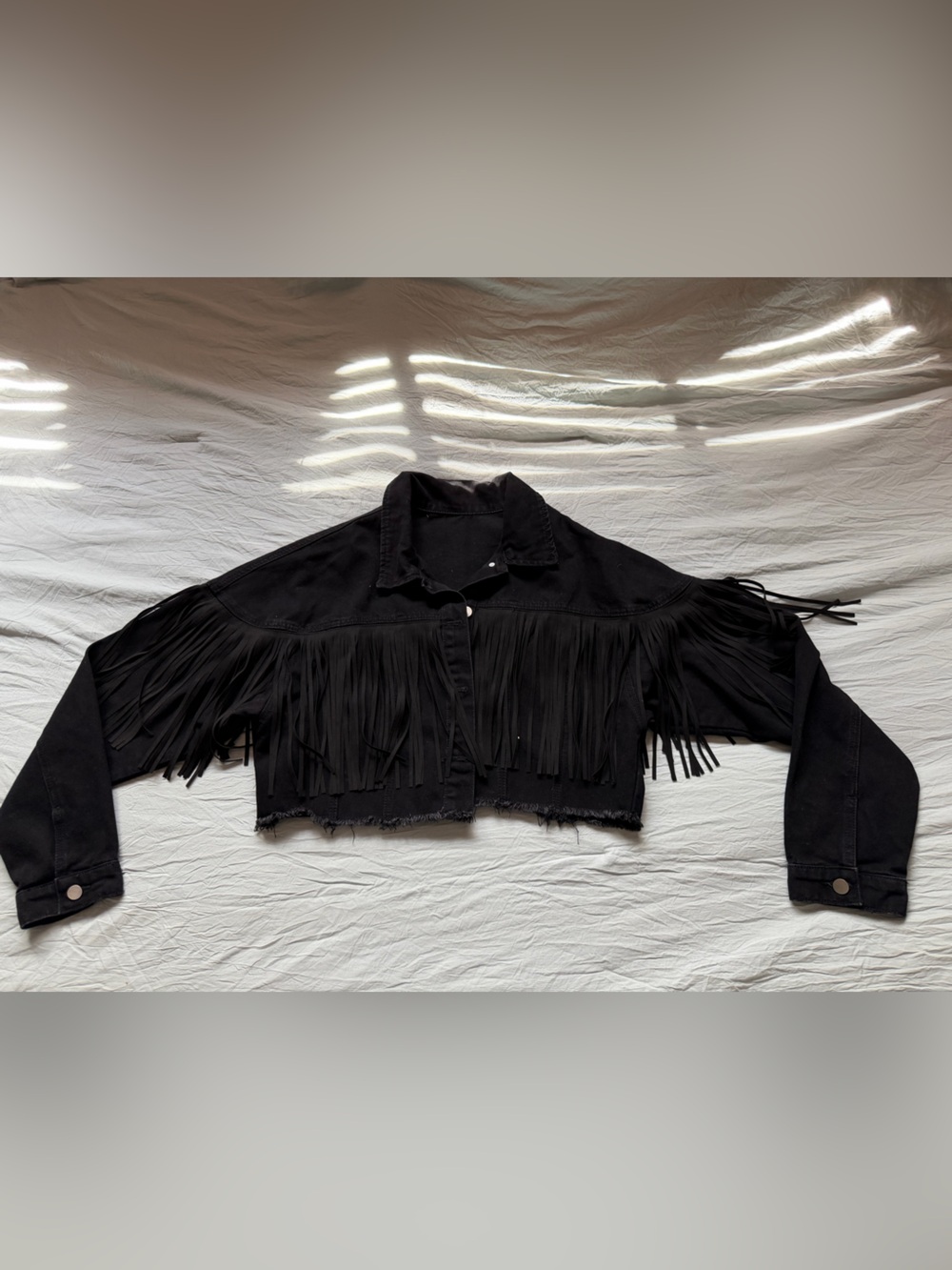 Black Cropped Denim Jacket with Fringe Detail